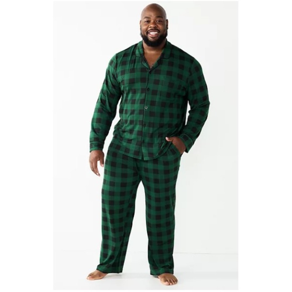 Cuddl Duds Men Pajama Set 3XLT Big and Tall Green Buffalo Check Super Soft NWT